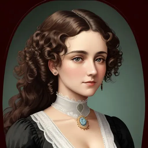 Prompt: An attractive 35 year old woman with very curly hair, elegant, Victorian era, 19th century, facial closeup, in color