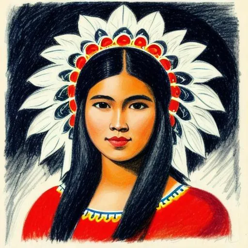 Prompt: A drawing of a young woman in a headdress