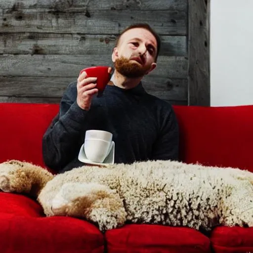 Prompt: Man and a sheep drink coffee and eat bananas on a red couch