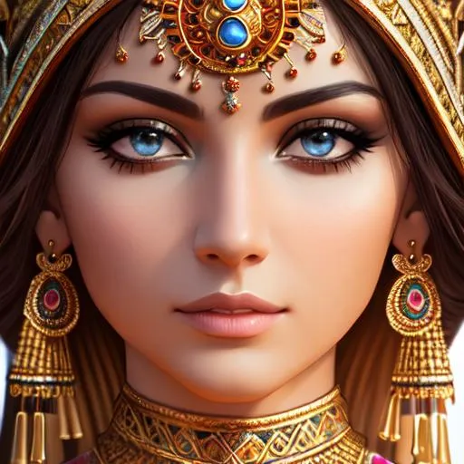 Prompt: hd , 8k, hyper-realism, Very detailed, zoomed out view, full character in view, Beautiful sumerian goddess, realistic standing, detailed face, master piece