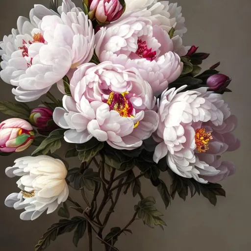 Prompt: PAEONIA ALERTIE   11 flowers bouquet ligthener white  pink   vintage  art realistic style 1600 year style oil painted dark background  ,farther unzoomed