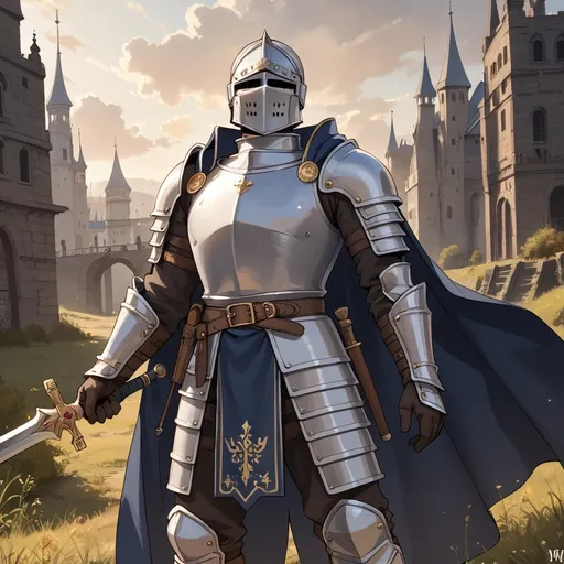Prompt: A knight with dark blue armor, an assassin like cape, mostly dark details, with effects of light and shadows that seem human made. Very few golden details. Human made. Manwha style, not very complex please