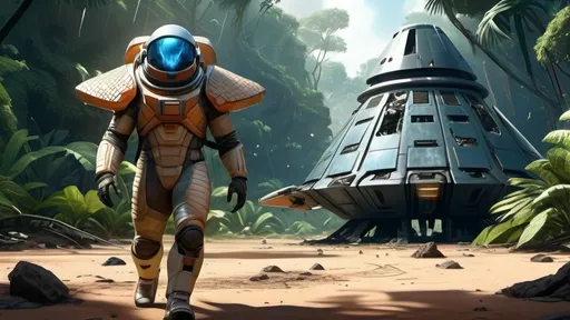 Prompt: a sole survivor cone-headed male annunaki explorer allalu wearing a fish-scale-space-suit walks toward camera away from a heavily-damaged-crashed-spaceship in the background, stranded all alone, lush jungle landscape