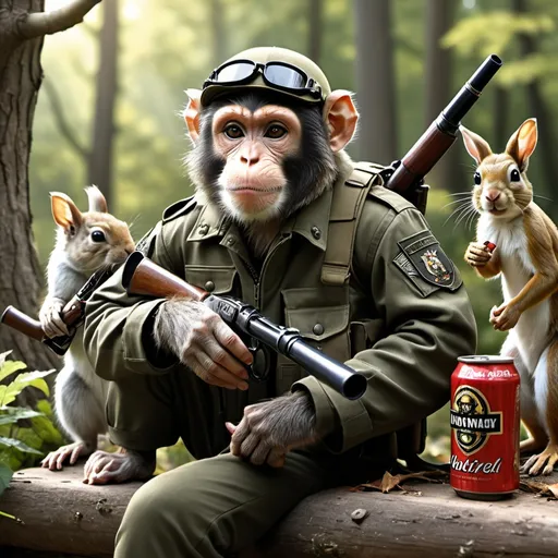 Prompt: Photorealistic woodland scene of a monkey, squirrel, and rabbit in military combat gear, carrying weapons, drinking beer, rabbit smoking a pipe, monkey smoking a cigarette, sunny, high quality, photorealism, military combat gear, woodland setting, detailed animals, beer cans, smoking pipe, sunny lighting