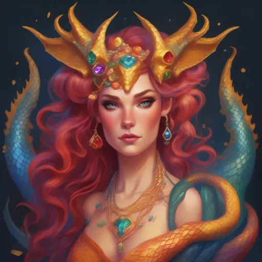 Prompt: A colourful and beautiful Persephone, she is a dragon woman, with scales for skin, horns and gold and gems for hair, in a painted style