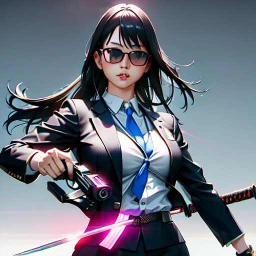 Prompt: Japanese woman wearing a business suit and aviators, hyper realistic, dramatic lighting, 4k, high contrast, cyberpunk cityscape, neon lighting, club scene, trending on Artstation, nightfall, holding katana and pistol