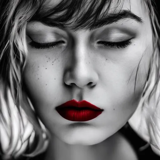 Prompt: Womans face in black and white portrait but her lips in blood red lipstick close up shot