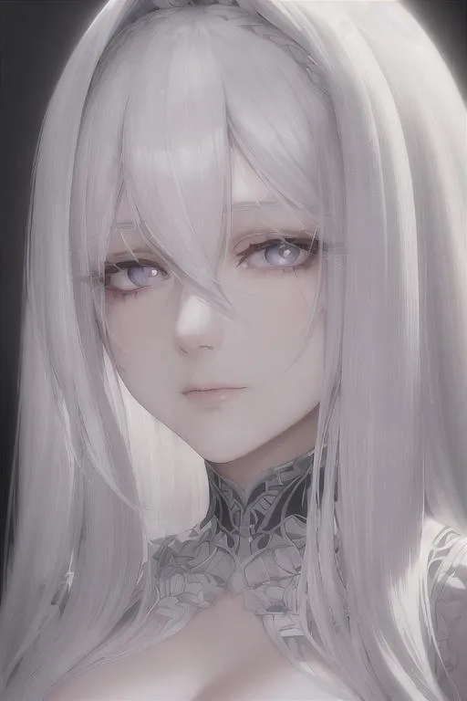 Prompt: "A close-up photo of a gorgeous white haired woman, in hyperrealistic detail, with a slight hint of loneliness in her eyes. Her face is the center of attention, with a sense of allure and mystery that draws the viewer in, but her eyes are also slightly downcast, as if a sense of loneliness is lingering in her thoughts. The detailing of her face is stunning, with every pore, freckle, and line rendered in vivid detail, but the image also captures the subtle emotions of loneliness that might lie beneath her surface."