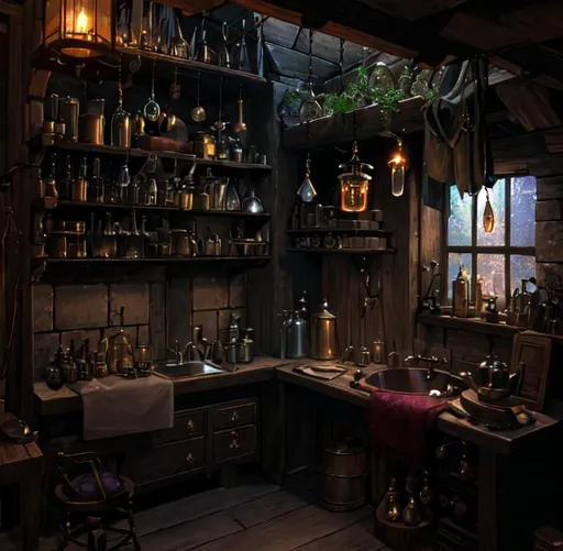 Prompt: medieval alchemy lab, potions, hanging glass lamps, candlelight, one window