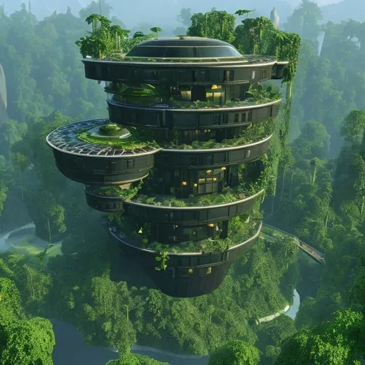 Prompt: A glass and steel arcology on a lush jungle world, in the style of Star Trek. {Star Trek: The Next Generation}