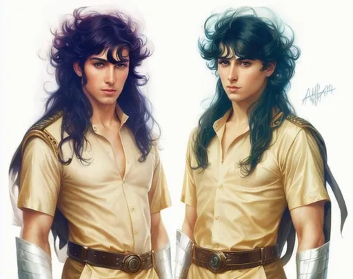 Prompt: Make them look like realistic handsome men.elegant beautiful features. Dreamy. Art by artgerm and Tom Bagshaw. very handsome faces, beautiful eyes. 