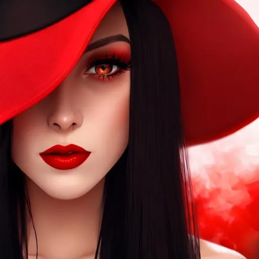 Prompt: Beautiful woman wearing red dress, red hat, red lipstick, smokey eyeshadow, long black hair, facial closeup