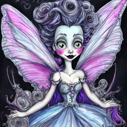 Prompt: Tim Burton fairy with fancy hair and ballgown