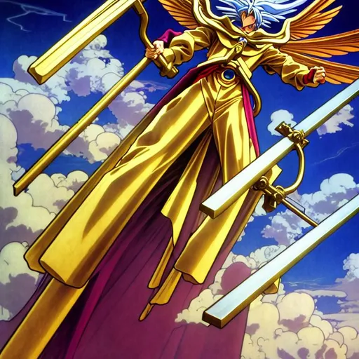 Prompt: god ultimate winged gundam holding  big cross in his right hand and a glowing scythe in his left hand, rhads, alucard, alphonse mucha, global illumination, detailed surrounding forest, akira toriyama, lighting, vivid colors, everything in sharp focus, HDR, UHD, 64K, realism, water river flow reflection, highly detailed 