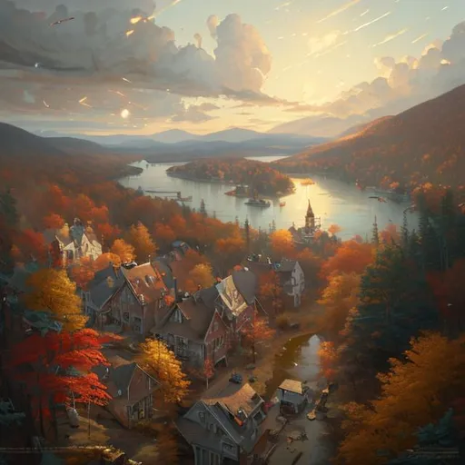 Prompt: bird's eye view of a beautiful painting of a small, sleepy New Hampshire town nestled in a forest by greg rutkowski, trending on artstation