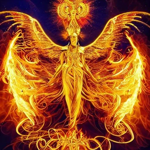 Prompt: Create an AI-generated image of a majestic golden angel with magnificent wings, emanating an intense aura of anger and fury. Show the angel in a dynamic pose, with fiery eyes and golden flames swirling around it. Capture the contrast between the angel's divine beauty and its overwhelming wrath.