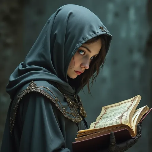 Prompt: side view, a woman in her early 20's with thin close fitting gray hood, blue eyes with (((head turned toward viewer))), reading a book, holding grimoire close to face, peeking over the top of book, grimoire, ((((occult art)))), lost grimoire, gothic fantasy art, gothic art, holy cyborg necromancer girl, beautiful necromancer girl with fanatical expression, gothic art style, priestess of the damned, dark fantasy horror art