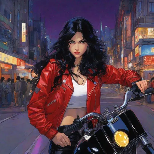 Prompt: Third person, high quality, high resolution, detailed, portrait, motorcyclist, tanned white skin, bright purple eyes, long wavy black hair, vampire woman, confident and imposing young woman holding a motorcycle helmet, red and gold bomber jacket with cuffed black pants, vibrant color nighttime city atmosphere, anime style, manga style, Studio Ghibli, detailed print by Hayao Miyazaki, 