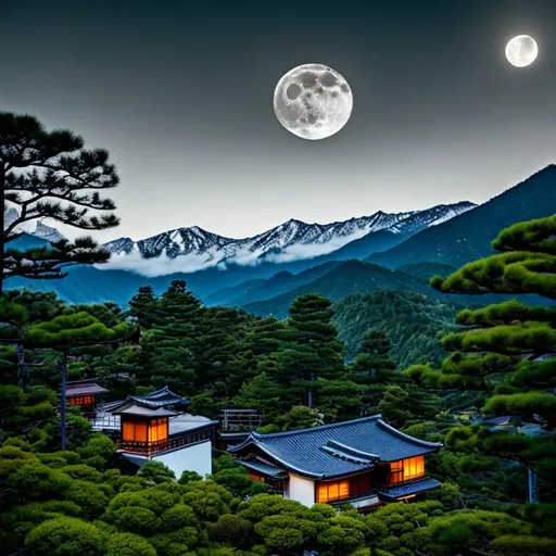 Prompt: japanese house, horror, at midnight ,  full moon over the mountains, mountain , dark forest , fire's , 