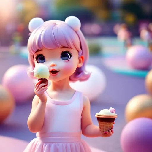Prompt: tiny cute baby girl with icecream, happy, hairpin, lilac dress, brown hair, standing character, playground in the background, soft smooth lighting, soft pastel colors, skottie young, 3d blender render, polycount, modular constructivism, pop surrealism, physically based rendering, square image