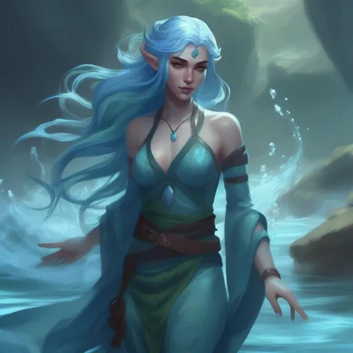 Prompt: dnd a female water genasi with pale blue skin and dark blue and green hair flowing water