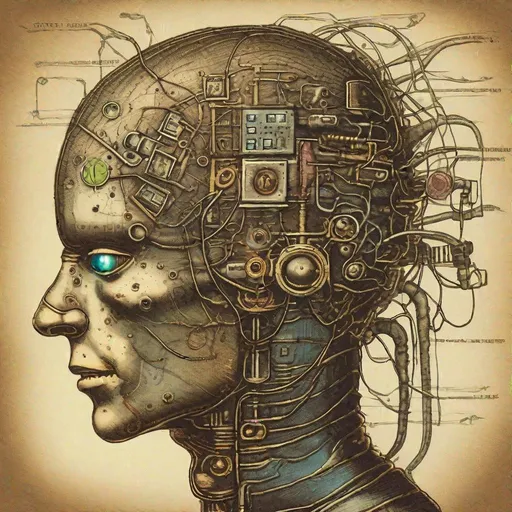 Prompt: "Breakaway view of a human head. The brain as a steampunk computer with a small alien working the buttons"
