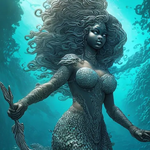 Prompt: Imagine a beautiful black underwater deity, her hair flowing like waves in the water, wielding a water trident, as fish swarm around her, wearing armor made of coral.