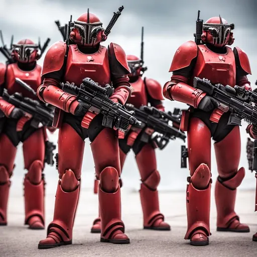 Prompt: A squad of 4 red armours soldiers with long arms and claws holding plasma guns