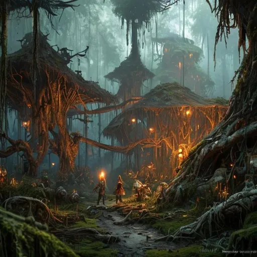 Prompt: Jungle Camp village, living rot, white moss, wooden armor, living armor, fungi, rotting, waiting, alone, moss, digitigrade, standing, D&D, fantasy, cinematic lighting, highly detailed, digital painting, artstation, concept art, smooth, sharp focus, illustration, volumetric lighting, epic Composition, 8k, art by frank frazetta, oil painting, cgsociety, distant, lonely