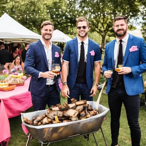 Prompt: Nice guys dressed in nice clothes hosting a pig roast for charity. 
 
