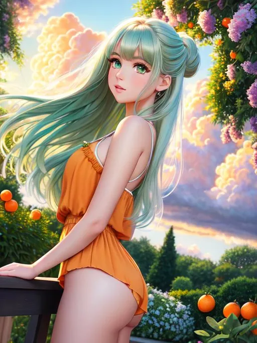Prompt: full body picture of 1 girl, Ultrarealistic hair strings, green eyes, beautiful eyes, detail, white hair, kawaii face, cute, olive skin, correct anatomy, cumulonimbus clouds, lighting, detailed sky, garden, pastel mix, orange model mix, stable diffusion, pastel mix, Lora, add face details, eyelashes, oil painting, masterpiece, Dynamic range photo, UHD quality, true color, vivid display, Real Renaissance art, oil painting, HDR, 64K pixels, Super AMOLED display, High Contrast, Lord of the rings, Game of Thrones, golden light, angel, details on face, details on background, ultrarealistic fantasy background, 