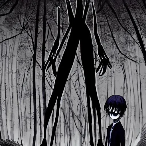 Prompt: slender man anime horror
