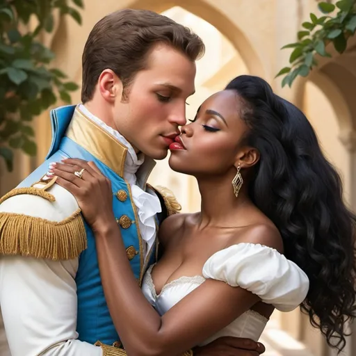 Prompt: Romance novel style Prince Charming holds a beautiful black woman and kisses her cheek 