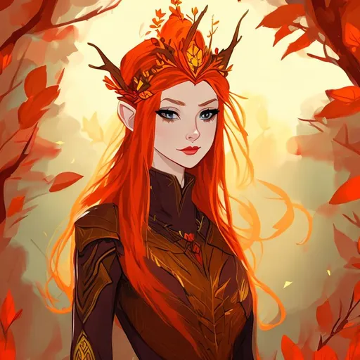 Prompt:  autumn eladrin with red hair and a leaf crown