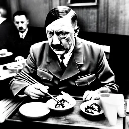 Prompt: adolf hitler eating sushi with chopsticks