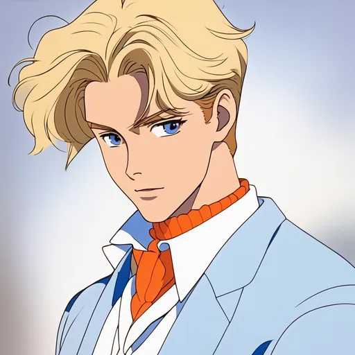 Prompt: 90's anime, cel shaded. A young blonde man wearing a white sweater over a blue collared shirt. He wears an orange ascot on his neck