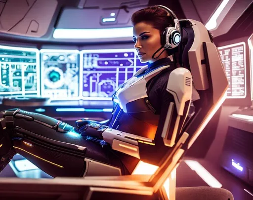 Prompt: a spaceship cyborg pilot, laying down in a chair, in a cyberpunk setting, cyborg, implants, high details, realistic , professionally colour graded, photorealism, 8k, grim dark lighting, art by the Caravage