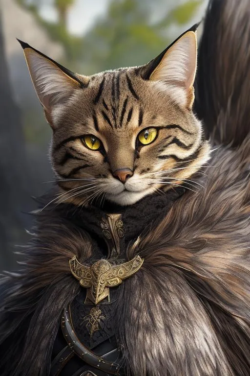 Prompt: (masterpiece), (best quality:1.2), (intricate detail), dynamic angle, looking at viewer, (1male), ((solo)), (((full body))), (slender), (((tabaxi))), (((black and brown fur))), ((blue pupils)), (((light armor))), black armor, ((cloak)), mysterious, ((ominous expression))