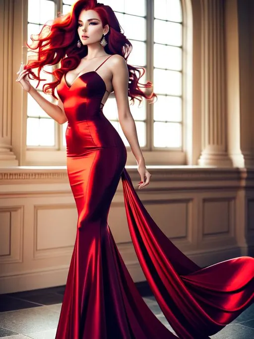 Prompt: The picture should be a full body shot of a breathtakingly beautiful woman with striking features that evoke a sense of elegance, grace, and sophistication, have striking red hair, styled in cascading waves that flow down her slender shoulders. She should have a tall, statuesque figure with long, graceful legs that add to her elegant appearance. Her face should have delicate, symmetrical features and be framed by just a few subtle freckles that accentuate her natural beauty. She should have full, luscious lips that are perfectly shaped and balanced in proportion to her face, like she was kissing and laughing towards the camera. Her eyes should be a bright, intriguing, narrowed, Asian, sparkling with depth and intelligence, and a subtle hint of smoky eye makeup to enhance their natural beauty. Choose a dress that enhances the vibrant hue of her eyes and complements her striking features, and let every man dreaming. The lighting should be soft and dynamic, with a framing that adds a touch of enchantment to the portrait. Ensure the final artwork is in high resolution 4K with HDR, with stylistic elements that make it truly unique, captivating, oriental face