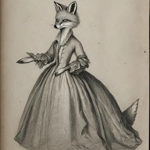 Prompt: 1700’s sketch drawing of a fox in a human dress