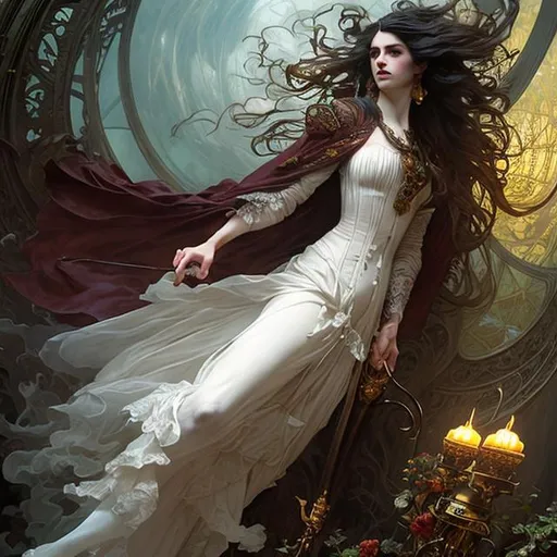 Prompt: Full body splash art of skinny male, poet, androgynous, handsome, very long dark wavy hair, pale skin, victorian clothes, elegant, highly detailed, intricate, smooth, sharp focus, artstation, digital painting, concept art, art by greg rutkowski, alphonse mucha and John William Waterhouse, dark, eerie, gothic, creepy, romantic, insanity, green accents