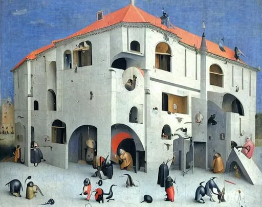 Prompt: building, Early Netherlandish painting school, surrealism, fine art by Hieronymus Bosch