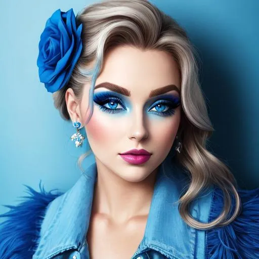 Prompt: A woman all in blue, blue eyes, pretty makeup