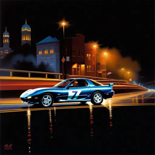 Prompt: Mazda RX7, car chase, cops, Pittsburgh at night, warm atmosphere, extremely detailed painting by Greg Rutkowski and by Henry Justice Ford and by Steve Henderson.