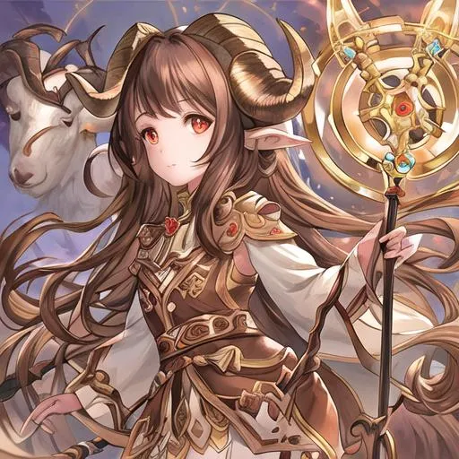 Prompt:  beautiful intricate Brown hair, ram ears, curled goat horns, holding staff, symmetrical, concept art, digital painting, looking into camera, square image, shimmer in the air, anime eyes