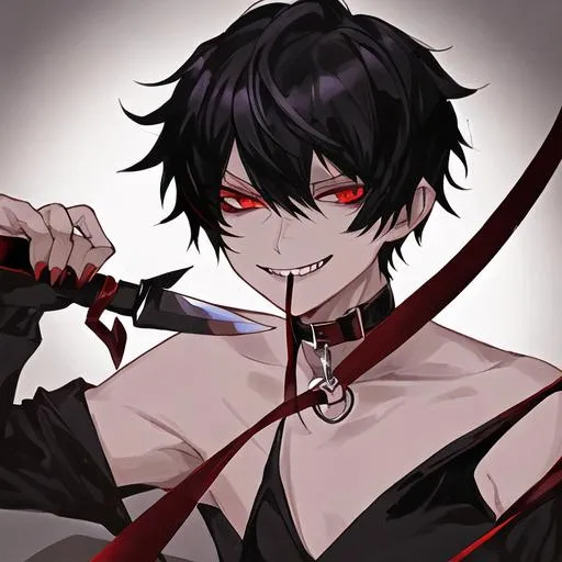 Prompt: Damien  (male, short black hair, red eyes) wearing a collar and holding a leash pulling on it. grinning seductively demon form, on his knees, knife in his mouth
