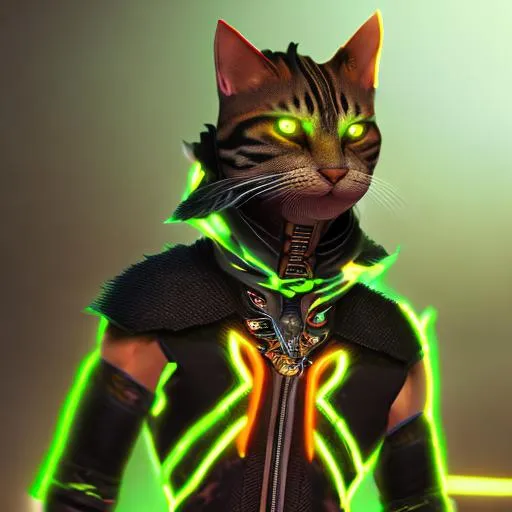 Prompt: Orange ninja cat with samurai sword, photorealistic, unreal engine 5, RTX, ray tracing, fine detail fur, glowing eyes, in a neon green corvette