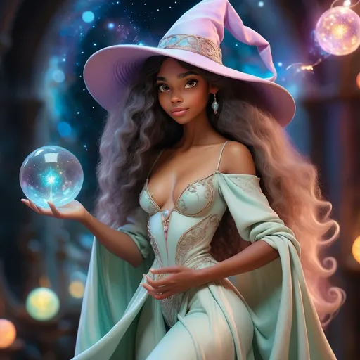 Prompt: dreamy full body portrait of a Dominican woman wizard, bayldonite wizard hat, holding an intricate glowing ball, small bare chest, detailed long flowing hair, inviting facial expression, inviting body pose, beginning of the universe background, ethereal atmosphere, soft focus, high quality, pastel art, ethereal, mystical, dreamy full body portrait, soft pastel colors, little attire, magical, enchanting, detailed bayldonite wizard hat, intricate metal wand, soft lighting, ethereal atmosphere