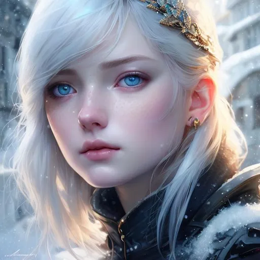 Prompt: Closeup face portrait of a scottish princess 15th century white hair and blue eyes smooth soft skin, small shallow eyes, beautiful intricate colored hair, symmetrical, snowing, soft lighting, detailed face, by makoto shinkai, stanley artgerm lau, wlop, rossdraws, concept art, digital painting, looking into camera