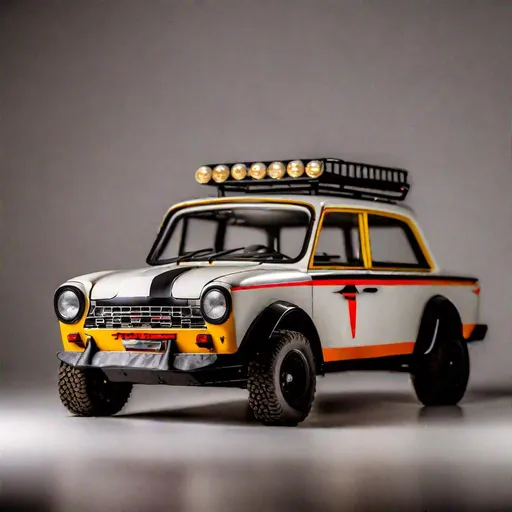 Prompt: offroad rally premier padmini sedan batmobile, product studio shot, on a white background, diffused lighting, centered.
